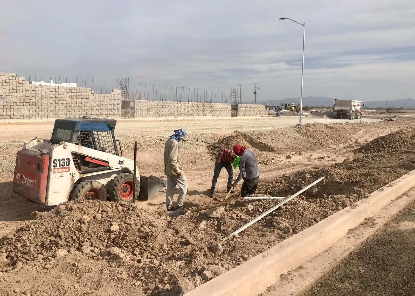 Cuadrilla y minicargador preparando el camellón e instalando tubería de riego
