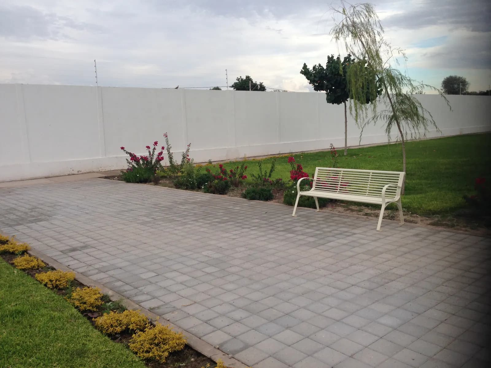 Jardinera con flor y banca junto al andador