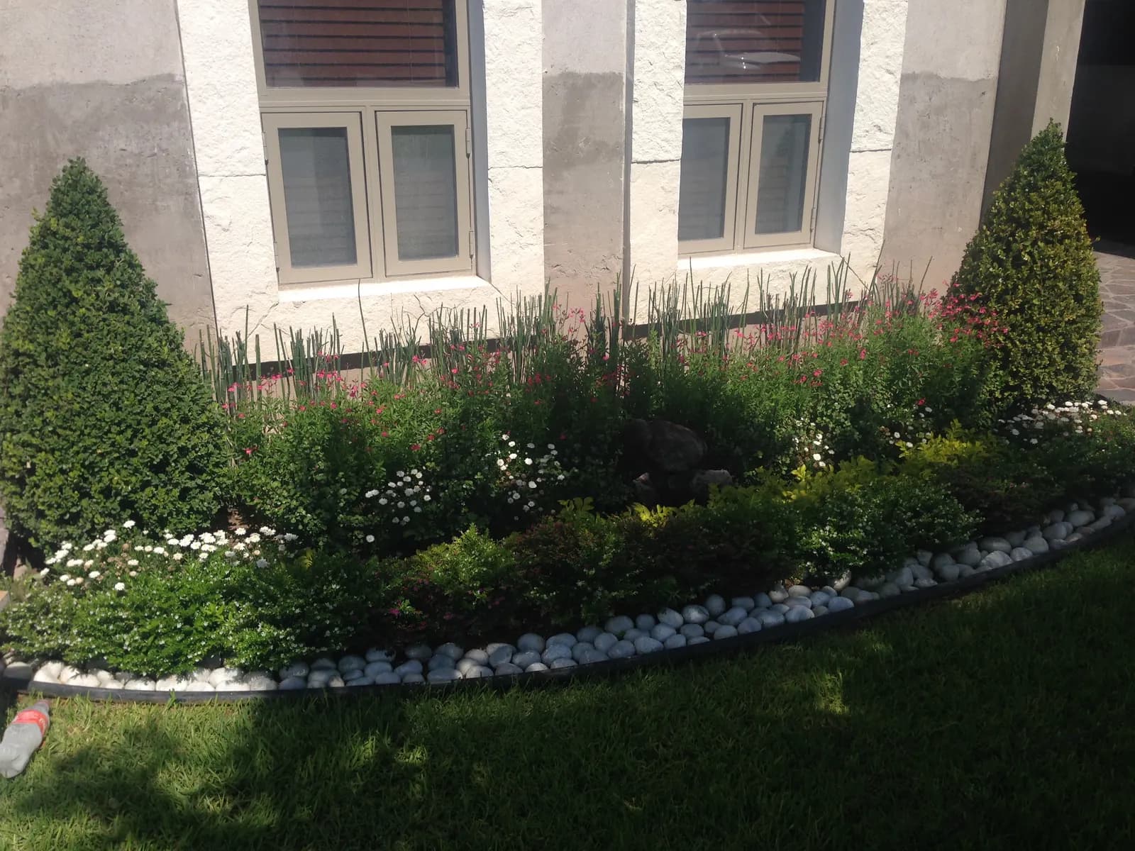 Jardinera terminada con arbustos, flor y orilla de piedra de río frente a una fachada