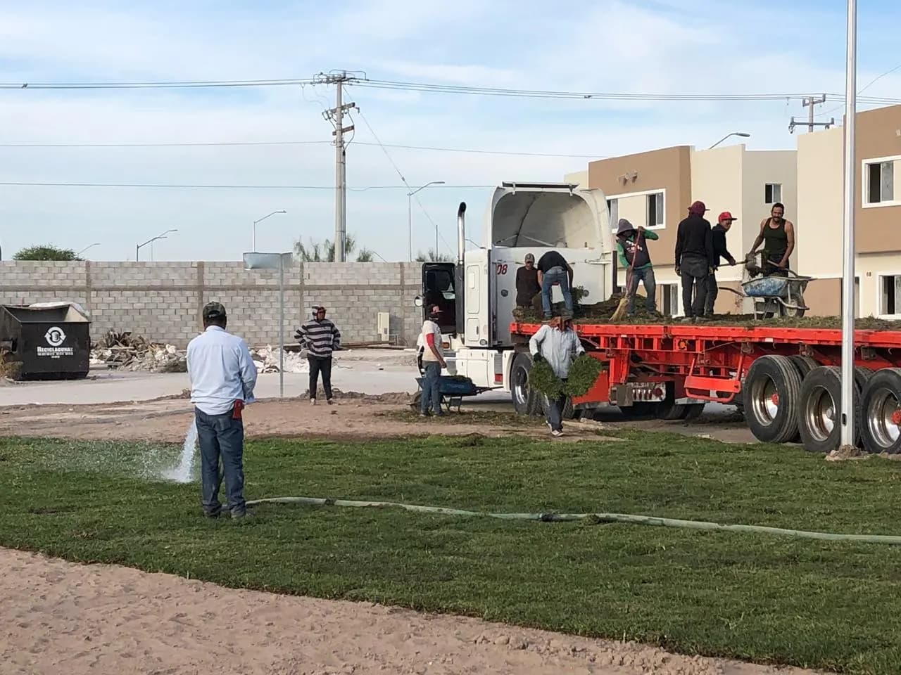 Primer riego del pasto recién tendido en el parque